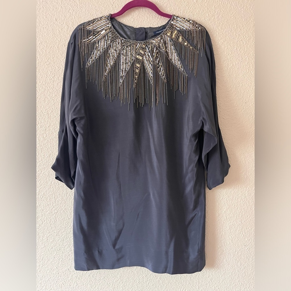 French Connection Boho 90th  Embellished Silk Gray Mini Dress Tunic size 2